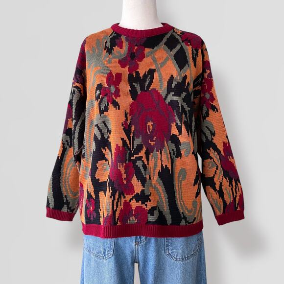 Vintage 90s Earthy Fall AOP Sweater Intarsia Made In USA Cottage Artsy Boho Cozy - Picture 4 of 9